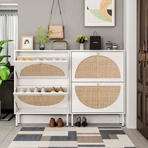 Natural Rattan Shoe Cabinet with 2 Flip Drawers, Entrance Hallway Slim Entryway Shoe Organizer, White Shoe Rack Storage Cabinet for Modern Heels, Boots, Slippers