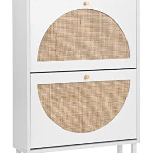 Natural Rattan Shoe Cabinet with 2 Flip Drawers, Entrance Hallway Slim Entryway Shoe Organizer, White Shoe Rack Storage Cabinet for Modern Heels, Boots, Slippers