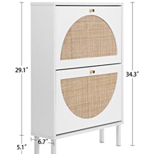 Natural Rattan Shoe Cabinet with 2 Flip Drawers, Entrance Hallway Slim Entryway Shoe Organizer, White Shoe Rack Storage Cabinet for Modern Heels, Boots, Slippers