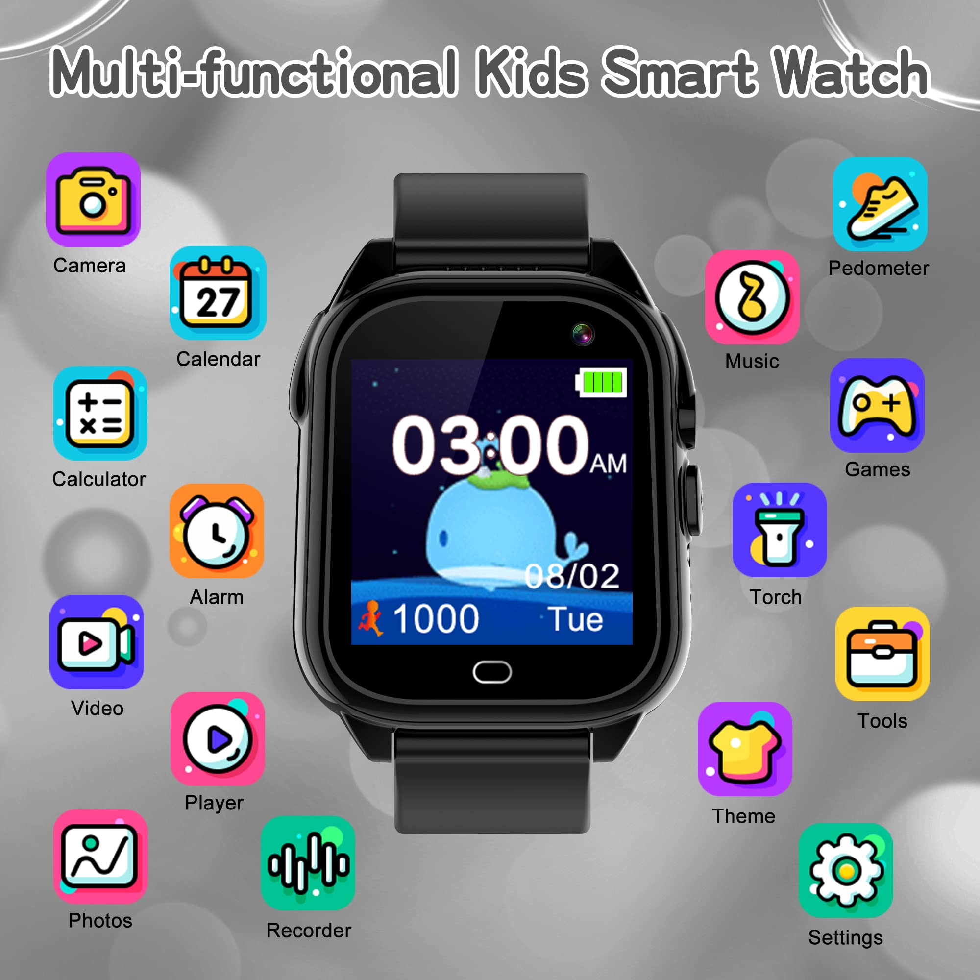 Phyulls Kids Smart Watch Boys, Smart Watch for Kids with 26 Games Alarm Clock Music Camera Video Recorder Calendar Flashlight Pedometer Toddler Watch Educational Toys for 4-12 Year Old Boys Girls