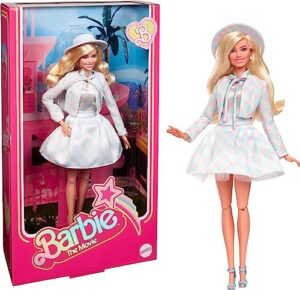 barbie the movie doll, margot robbie as barbie, collectible doll wearing blue plaid matching set with matching hat and jacket