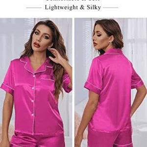 Anjue Womens Silk Satin Pajamas Silk Pjs Set Short Sleeve Sleepwear Classy Loungewear Satin Pajama Sets(Rose Red,S)