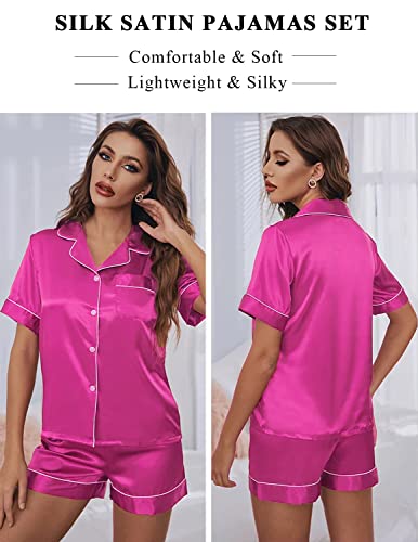 Anjue Womens Silk Satin Pajamas Silk Pjs Set Short Sleeve Sleepwear Classy Loungewear Satin Pajama Sets(Rose Red,S)