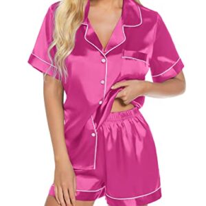 Anjue Womens Silk Satin Pajamas Silk Pjs Set Short Sleeve Sleepwear Classy Loungewear Satin Pajama Sets(Rose Red,S)