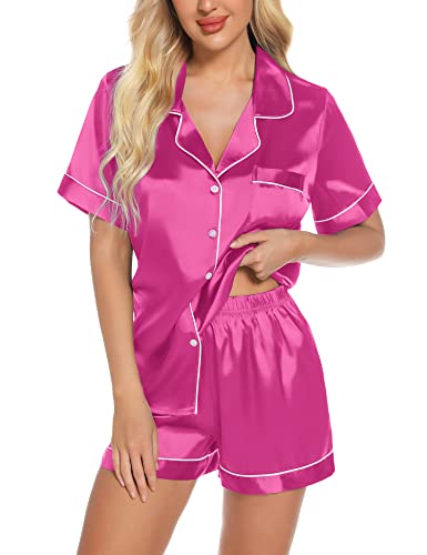 Anjue Womens Silk Satin Pajamas Silk Pjs Set Short Sleeve Sleepwear Classy Loungewear Satin Pajama Sets(Rose Red,S)