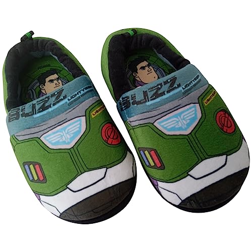 Disney Toy Story Slippers - Buzz Lightyear and Sheriff Woody Fuzzy PJ House Shoes - Boys Pajama Indoor Warm Slipper - Green/Black (size 9-10 Toddler)