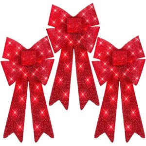 best choice products set of 3 bows pre-lit christmas bow decoration, indoor/outdoor led holiday décor w/ 30 lights, outdoor battery box, timer, 8 light functions - red