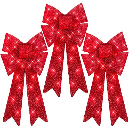 Best Choice Products Set of 3 Bows Pre-Lit Christmas Bow Decoration, Indoor/Outdoor LED Holiday Décor w/ 30 Lights, Outdoor Battery Box, Timer, 8 Light Functions - Red