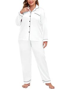 swomog white pajama set for plus size women silk satin pajamas long sleeve pjs button-down pj set soft sleepwear set 22w