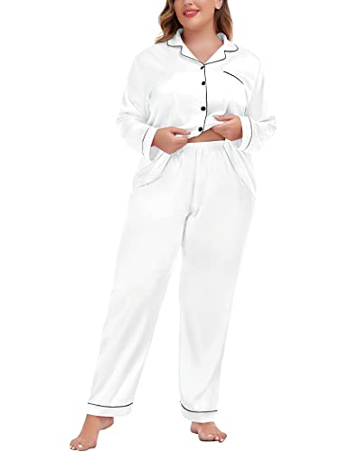 SWOMOG White Pajama Set for Plus Size Women Silk Satin Pajamas Long Sleeve Pjs Button-Down Pj Set Soft Sleepwear Set 22W