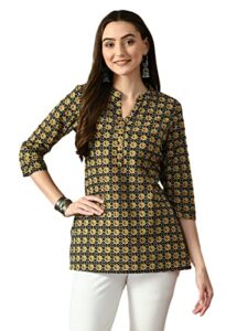 lagi women straight mandarin collar 3/4 sleeves printed short cotton kurti, black & mustard (xs)