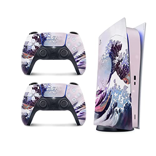 TACKY DESIGN Wave Watercolor Skin for PS5 Skin Digital Edition, Playstation 5 Console and 2 Controllers, PS5 Purple Pastel Kawaii Skin Vinyl 3M Decal Stickers Full wrap Cover (Digital Edition)