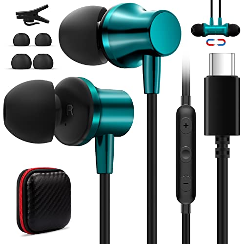 USB C Headphones, USB Type C Earbuds Wired Earphones Magnetic Bass Noise Canceling in-Ear Headset w/Mic for iPad 10 Pro Samsung Z Fold 4 Flip 3 Galaxy S23 S22 S21 Pixel 7 6 Oneplus 11 10 Pro 9, Green