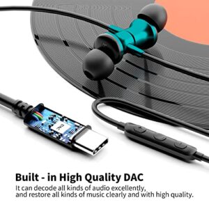 USB C Headphones, USB Type C Earbuds Wired Earphones Magnetic Bass Noise Canceling in-Ear Headset w/Mic for iPad 10 Pro Samsung Z Fold 4 Flip 3 Galaxy S23 S22 S21 Pixel 7 6 Oneplus 11 10 Pro 9, Green