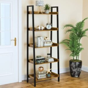 astarth ladder shelf-5 tier bookshelves w/open shelf for storage, industrial bookshelf & tall ladder shelf-metal frame for bedroom, living room, kitchen-67.3'' h, easy assembly, rustic brown