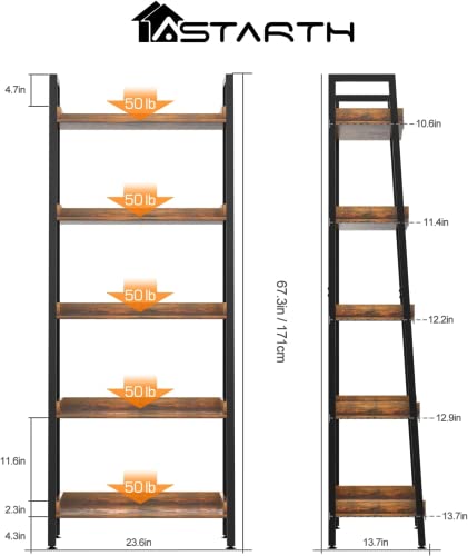 ASTARTH Ladder Shelf-5 Tier Bookshelves w/Open Shelf for Storage, Industrial Bookshelf & Tall Ladder Shelf-Metal Frame for Bedroom, Living Room, Kitchen-67.3'' H, Easy Assembly, Rustic Brown