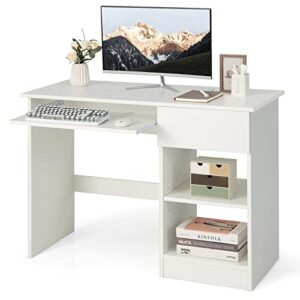 tangkula white desk with drawer, wooden computer desk with pull-out keyboard tray & adjustable storage shelves, modern laptop pc desk with cpu stand, writing study desk for bedroom (white)