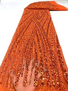 pretty tulle lace fabric with beaded and sewing sequins weddnig french net mesh laces fabrics 5 yards per lot xcw-113 (orange,5 yards)