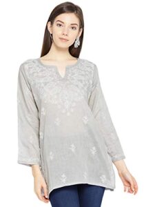 ada hand embroidered indian chikankari straight cotton tunic top kurti shirt for women a534584 (grey, medium)