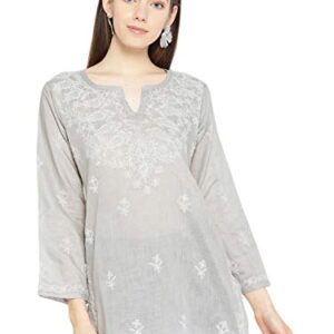 Ada Hand Embroidered Indian Chikankari Straight Cotton Tunic Top Kurti Shirt for Women A534584 (Grey, Medium)