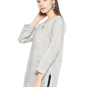 Ada Hand Embroidered Indian Chikankari Straight Cotton Tunic Top Kurti Shirt for Women A534584 (Grey, Medium)