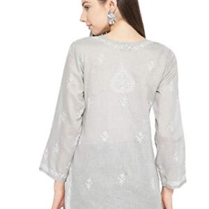 Ada Hand Embroidered Indian Chikankari Straight Cotton Tunic Top Kurti Shirt for Women A534584 (Grey, Medium)