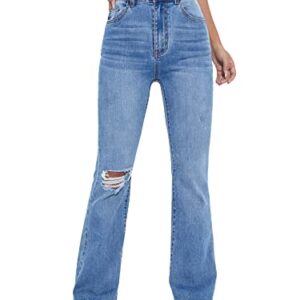 Floerns Women's High Waisted Ripped Jeans Flare Leg Bell Bottom Denim Pants Light Blue M