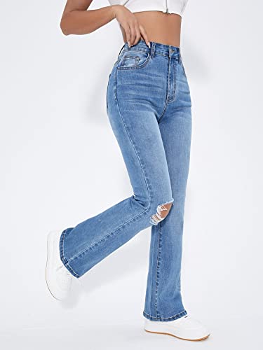 Floerns Women's High Waisted Ripped Jeans Flare Leg Bell Bottom Denim Pants Light Blue M