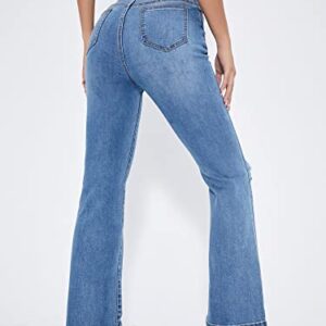 Floerns Women's High Waisted Ripped Jeans Flare Leg Bell Bottom Denim Pants Light Blue M