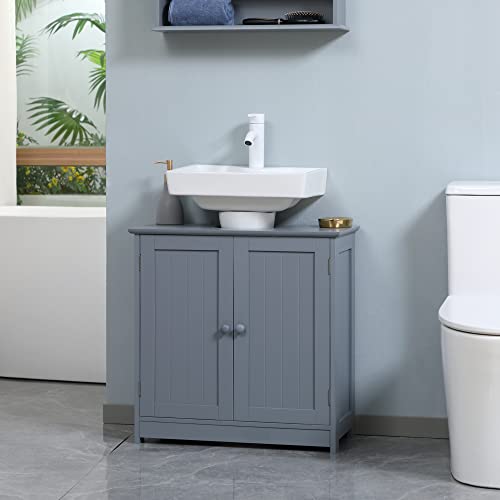 HOMCOM Under Sink Bathroom Cabinet with 2 Doors and Shelf, Pedestal Sink Bathroom Vanity Cabinet, Gray