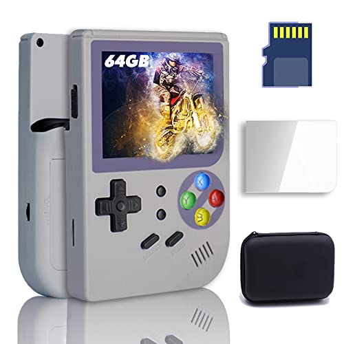 RG300 Handheld Game Console 2.8 inch Portable Retro Video Games Consoles Pocket Rechargeable Built-in Hand Held Classic System with Case and Screen Protector Gray 64GB