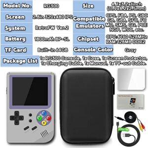 RG300 Handheld Game Console 2.8 inch Portable Retro Video Games Consoles Pocket Rechargeable Built-in Hand Held Classic System with Case and Screen Protector Gray 64GB