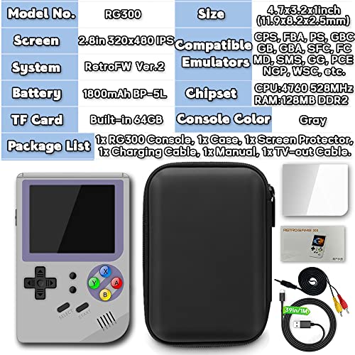 RG300 Handheld Game Console 2.8 inch Portable Retro Video Games Consoles Pocket Rechargeable Built-in Hand Held Classic System with Case and Screen Protector Gray 64GB