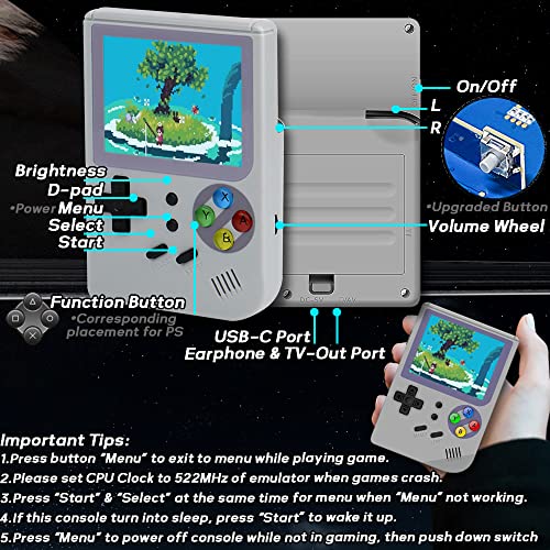 RG300 Handheld Game Console 2.8 inch Portable Retro Video Games Consoles Pocket Rechargeable Built-in Hand Held Classic System with Case and Screen Protector Gray 64GB