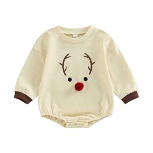 fybitbo newborn baby girl boy christmas outfit reindeer sweatshirt romper long sleeve shirt onesie santa costume (12-18 months,beige-reindeer)