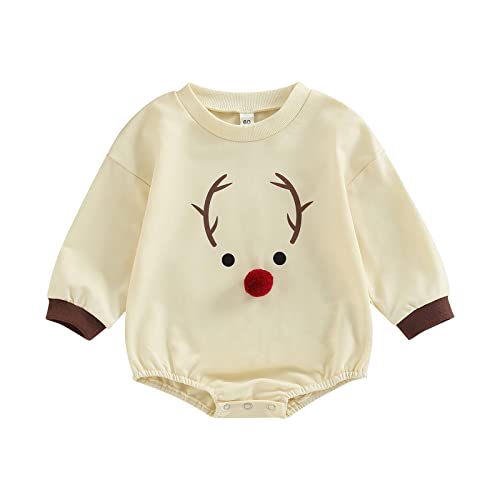 FYBITBO Newborn Baby Girl Boy Christmas Outfit Reindeer Sweatshirt Romper Long Sleeve Shirt Onesie Santa Costume (12-18 Months,Beige-reindeer)