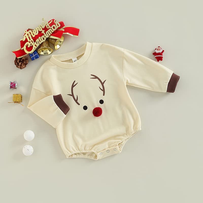 FYBITBO Newborn Baby Girl Boy Christmas Outfit Reindeer Sweatshirt Romper Long Sleeve Shirt Onesie Santa Costume (12-18 Months,Beige-reindeer)