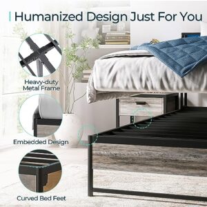 LINSY Full Bed Frame with Storage, Ergonomic Headboard, 14 inch Fast Assembly Metal Bed with Lights, Outlets & USB, Full Size, Noise Free, No Box Spring Needed, Greige