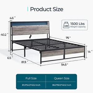 LINSY Full Bed Frame with Storage, Ergonomic Headboard, 14 inch Fast Assembly Metal Bed with Lights, Outlets & USB, Full Size, Noise Free, No Box Spring Needed, Greige