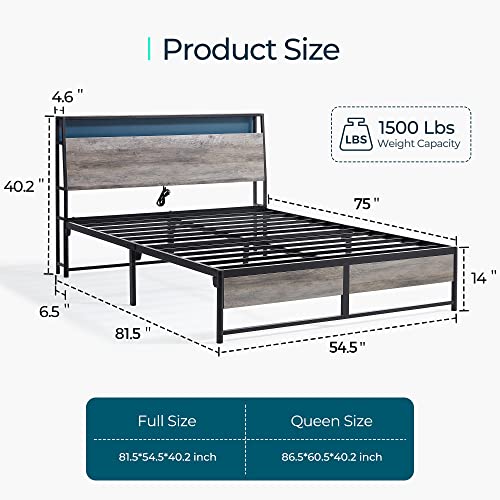 LINSY Full Bed Frame with Storage, Ergonomic Headboard, 14 inch Fast Assembly Metal Bed with Lights, Outlets & USB, Full Size, Noise Free, No Box Spring Needed, Greige