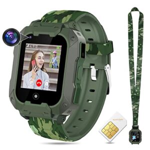 4g kids smart watch phone, camouflage boys girls water resistant watch with gps tracker and sim card, voice & video chat, alarm, face unlock detachable screen wifi wrist watch for kids (green)