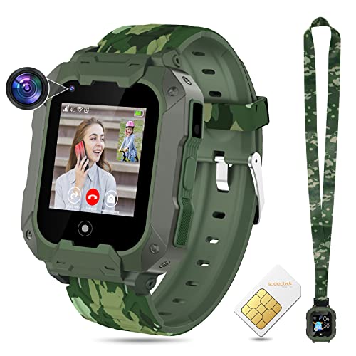 4G Kids Smart Watch Phone, Camouflage Boys Girls Water Resistant Watch with GPS Tracker and SIM Card, Voice & Video Chat, Alarm, Face Unlock Detachable Screen WiFi Wrist Watch for Kids (Green)