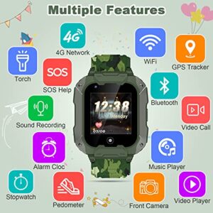 4G Kids Smart Watch Phone, Camouflage Boys Girls Water Resistant Watch with GPS Tracker and SIM Card, Voice & Video Chat, Alarm, Face Unlock Detachable Screen WiFi Wrist Watch for Kids (Green)