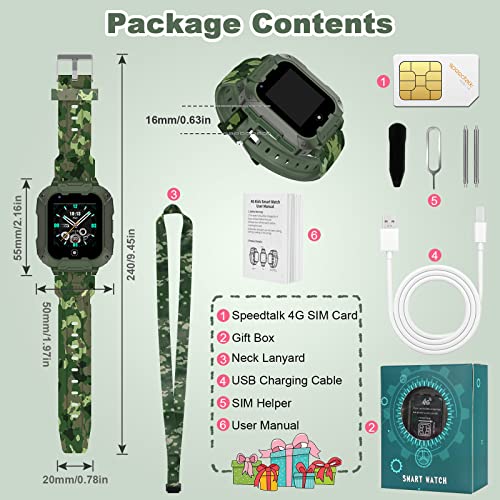 4G Kids Smart Watch Phone, Camouflage Boys Girls Water Resistant Watch with GPS Tracker and SIM Card, Voice & Video Chat, Alarm, Face Unlock Detachable Screen WiFi Wrist Watch for Kids (Green)