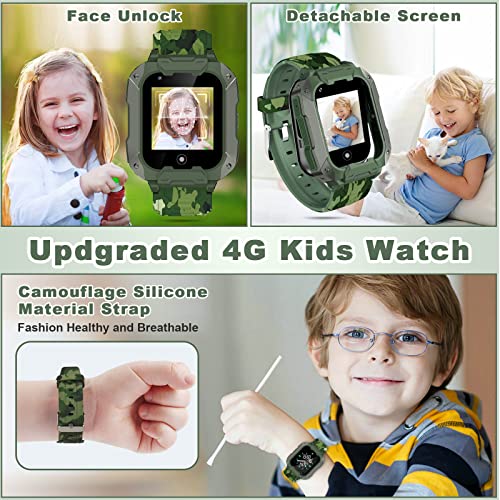 4G Kids Smart Watch Phone, Camouflage Boys Girls Water Resistant Watch with GPS Tracker and SIM Card, Voice & Video Chat, Alarm, Face Unlock Detachable Screen WiFi Wrist Watch for Kids (Green)