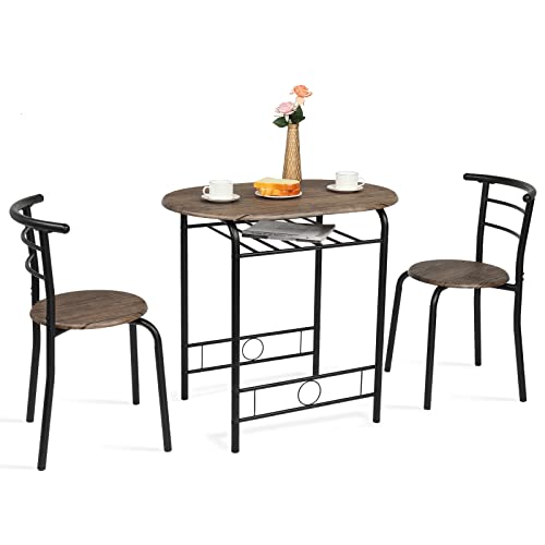 VINGLI 3 Piece Dining Set,Small Kitchen Table Set for 2,Breakfast Table Set for 2,Kitchen Wooden Table and 2 Chairs for Small Space/Dining Room/Apartment,Metal Frame,Wine Rack,Rustic