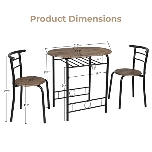 VINGLI 3 Piece Dining Set,Small Kitchen Table Set for 2,Breakfast Table Set for 2,Kitchen Wooden Table and 2 Chairs for Small Space/Dining Room/Apartment,Metal Frame,Wine Rack,Rustic