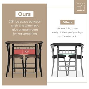 VINGLI 3 Piece Dining Set,Small Kitchen Table Set for 2,Breakfast Table Set for 2,Kitchen Wooden Table and 2 Chairs for Small Space/Dining Room/Apartment,Metal Frame,Wine Rack,Rustic