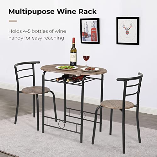 VINGLI 3 Piece Dining Set,Small Kitchen Table Set for 2,Breakfast Table Set for 2,Kitchen Wooden Table and 2 Chairs for Small Space/Dining Room/Apartment,Metal Frame,Wine Rack,Rustic