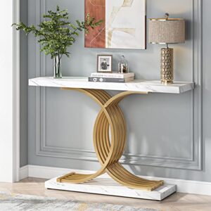 tribesigns gold entryway table, modern 39-inch console/accent table with geometric metal legs, faux marble narrow wood sofa,foyer table for entrance, living room (gold & white)